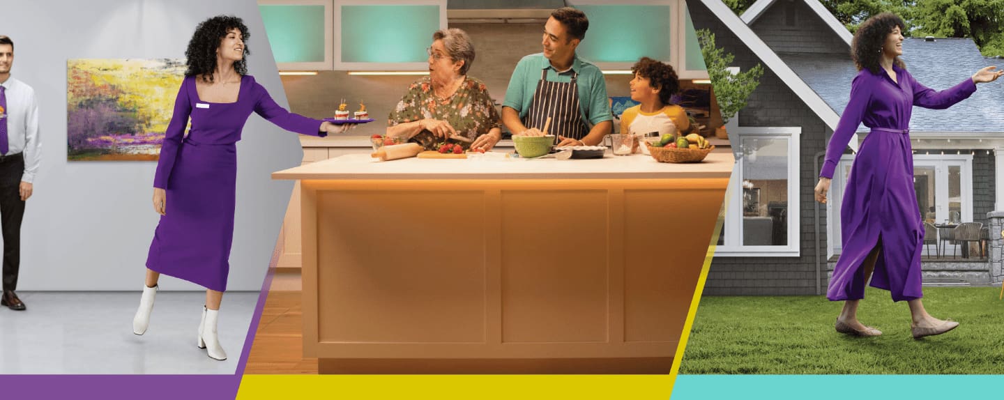 Background of a person in a purple dress handing a plate of food to another person
