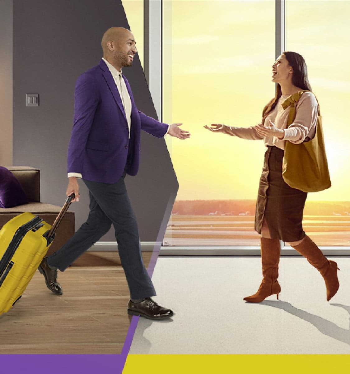 Background of a person in a purple dress handing a plate of food to another person